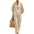 thumbnail image 2 of 2 Piece Outfit for Women Stand Collar Half Zip 3/4 Batwing Sleeve Blouse Matching Wide Leg Pants Solid Linen Look Casual Travel Suit for Spring Summer Vacation Daily Wear, 2 of 5