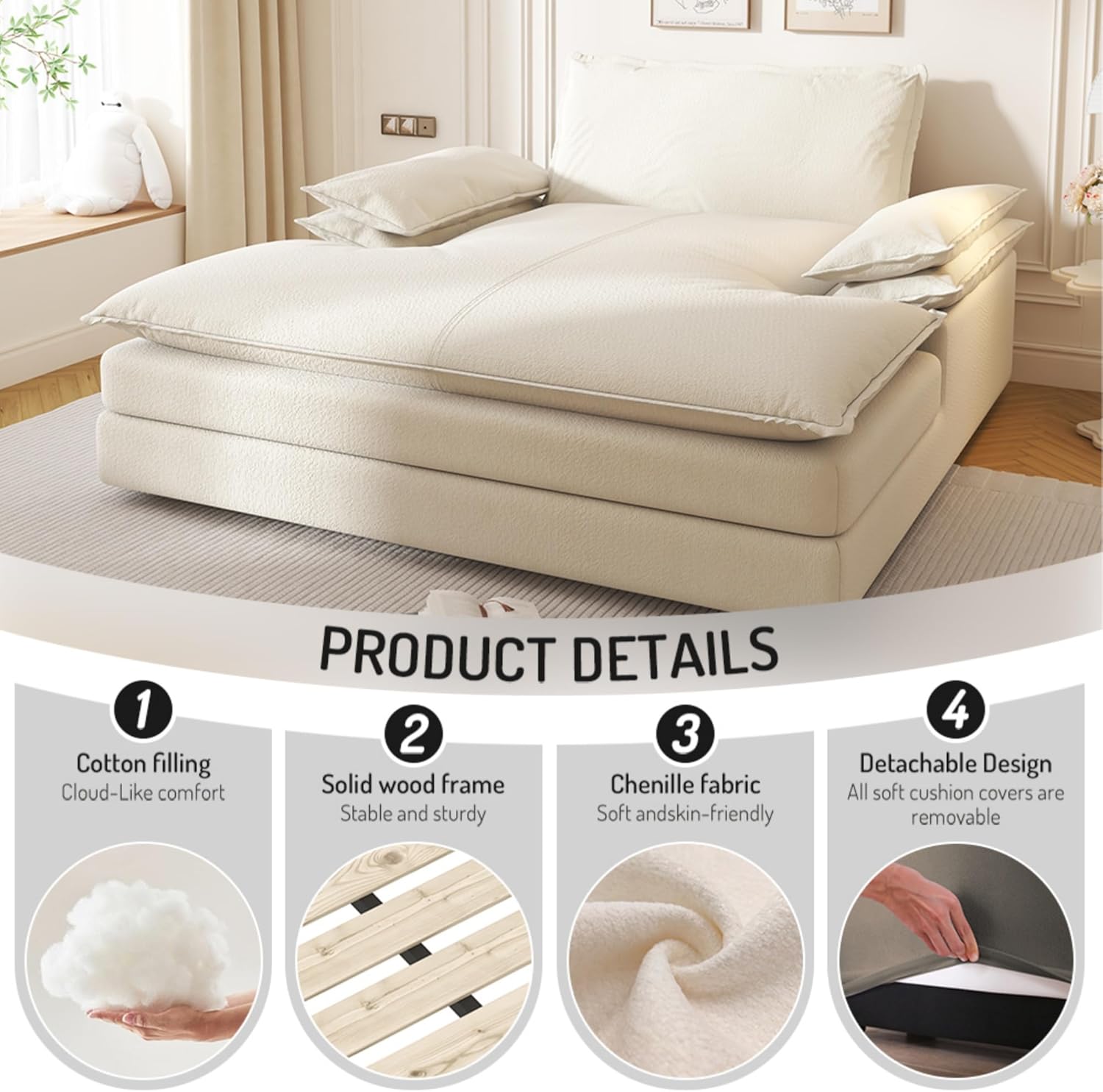 80'' Oversized Chaise Lounge Chair Indoor, Cloud Sofa Couch, Modern Deep Seat Recliner, Upholstered Chenille Sleeper Loveseat with Large Pillow Arms for Living Room, Apartment, Balcony, Beige