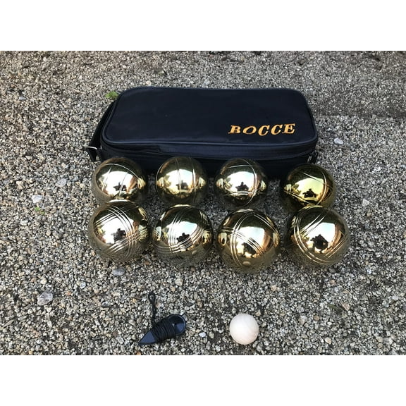BuyBocceBalls New Listing - 73mm Metal Bocce/Petanque Set with 8 Goldr Balls and Black Bag