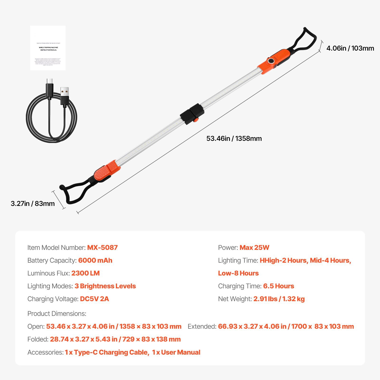 Under Hood Work Light 2300LM Retractable 51-74 Inch 6000mAh Battery 3 Brightness Levels for Car Repair Camping