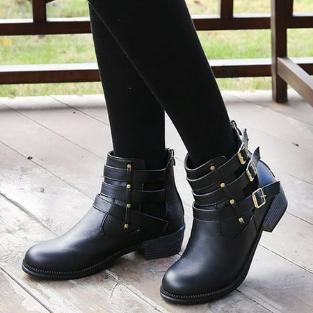 

Thanksgiving Day Clearance Hvyes Autumn And Winter New Mid-Heel Hollow Belt Buckle Round Head Women s Boots