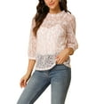 thumbnail image 6 of Allegra K Women's 3/4 Sleeves Ruffle Mock Neck Sheer Lace Tops, 6 of 7