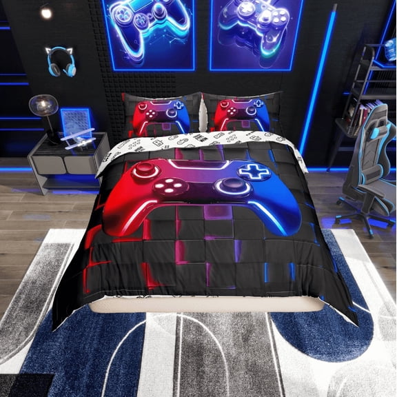 Erosebridal Gaming Comforter Cover Twin, Red Blue Neon Light Grid Bedding Twin Size, Gamer Bedroom Decorative, Reversible 2 Pieces (No Comforter)