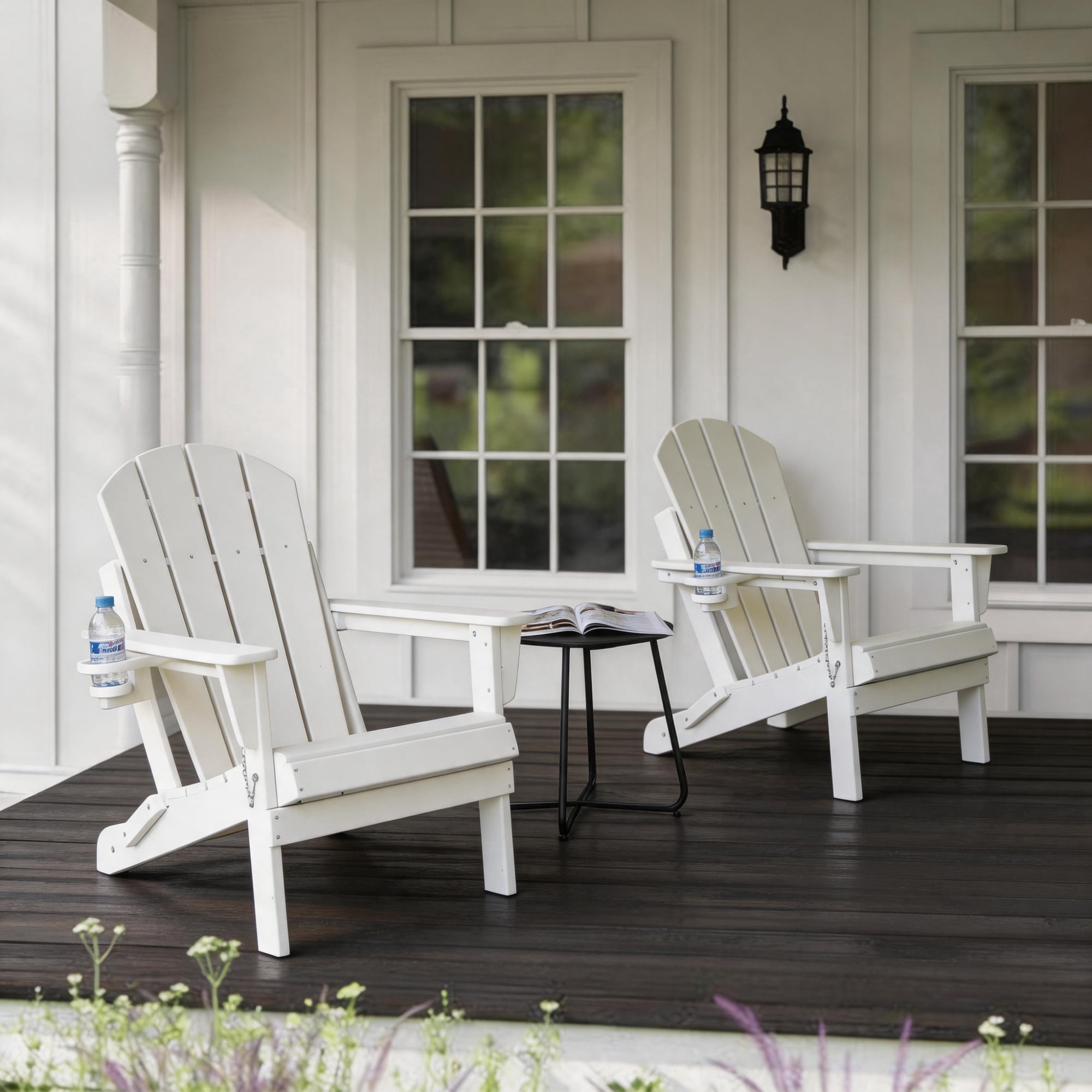 Set of 2 HDPE Folding Adirondack Chair with Cup Holder, Composite Wood Texture Outdoor Chair for Patio, Garden, Poolside, Deck, Backyard, White