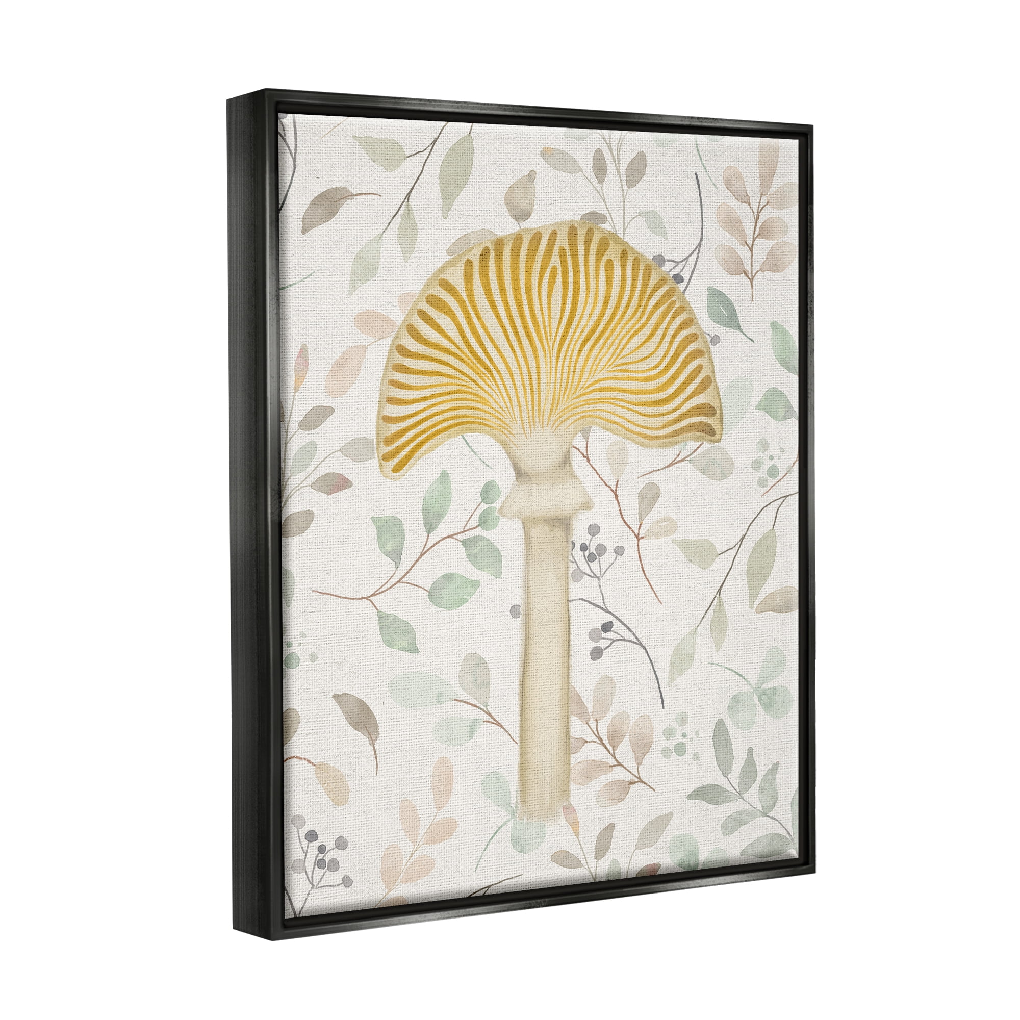 Stupell Industries Yellow Mushroom & Leaves Botanical & Floral Painting Black Floater Framed Canvas Art Print Wall Art, 25 x 31