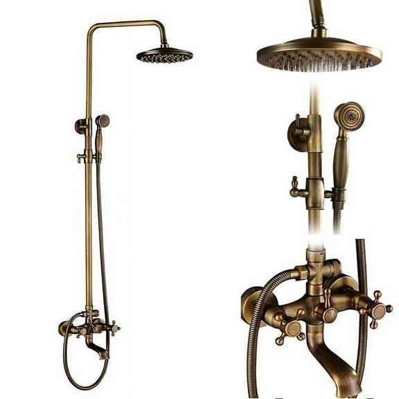 Zovajonia Shower Fixture Antique Brass Bathroom Shower Set Faucet 8" Rain Head&Tub Mixer Tap Wall Mount