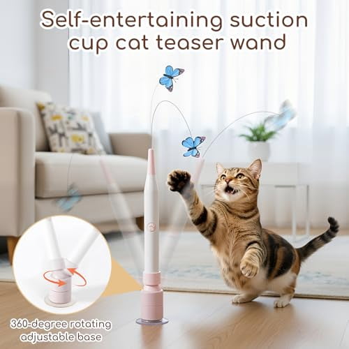Rechargeable Automatic Cat Toy with Suction Cup,Interactive Cat Toys for Indoor Cats,Butterfly Teaser Wand for Bored Kittens,Self Play Exercise Toy with Flexible Wire(Blue，Butterfly Color Random）