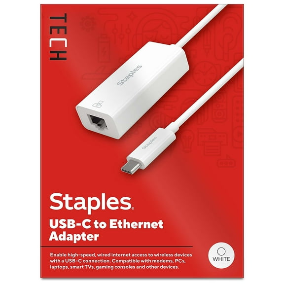 Staples TECH USB-C to Ethernet Adapter Female to Male White (ST62369)