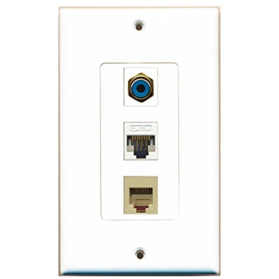 RiteAV - 1 Port RCA Blue and 1 Port Phone RJ11 RJ12 Beige and 1 Port Cat5e Ethernet White Decorative Wall Plate