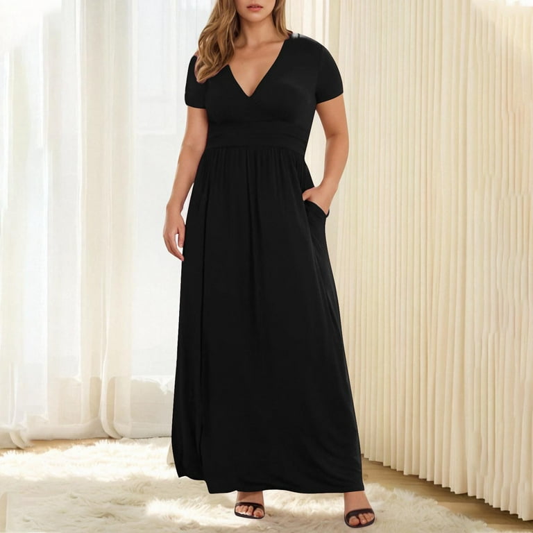yillto Womens Plus Size Maxi Dress V Neck Short Sleeve High Waist Dresses  Summer Flowy A Line Long Dress - Walmart.com