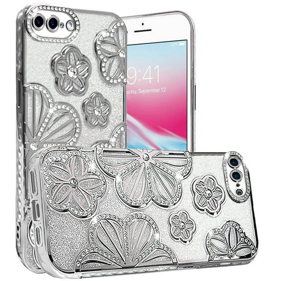 For Apple iPhone SE 3 (2022) SE/8/7 Luxury Floral Design Sparkle Glitter Diamond Crystal Rhinestone Shimmer Bling Plating Thick TPU Hard PC Cover, XPM Phone Case [Flower Silver]
