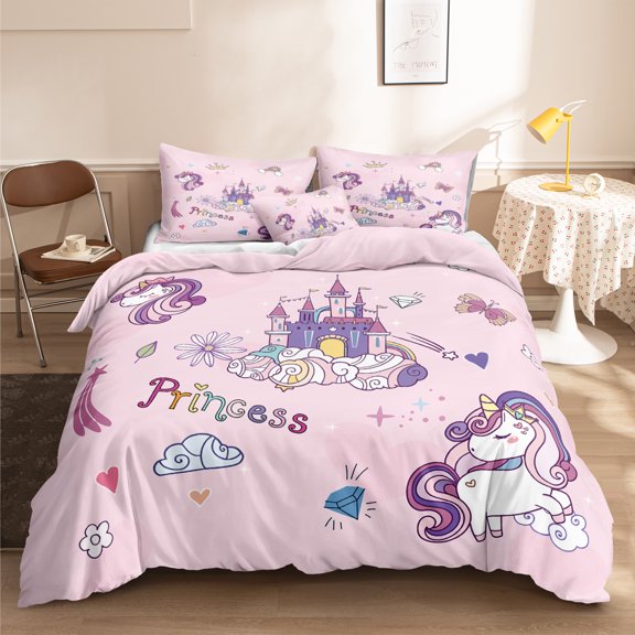 Move Over Pink Unicorn Bedding Sets Queen Castle Unicorn Pattern Microfiber Cartoon Duvet Cover No Filling
