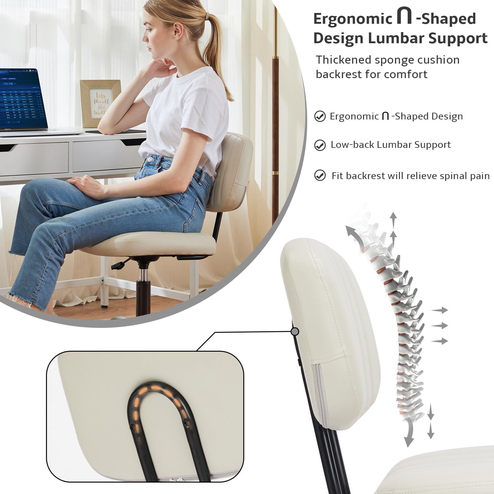 edx Adjustable Height Armless Office Desk Chair with Wheels, PU Leather Mid Back 360°Swivel Small Computer Chair, Modern Task Chair for Home Office Reading Meeting Room, White