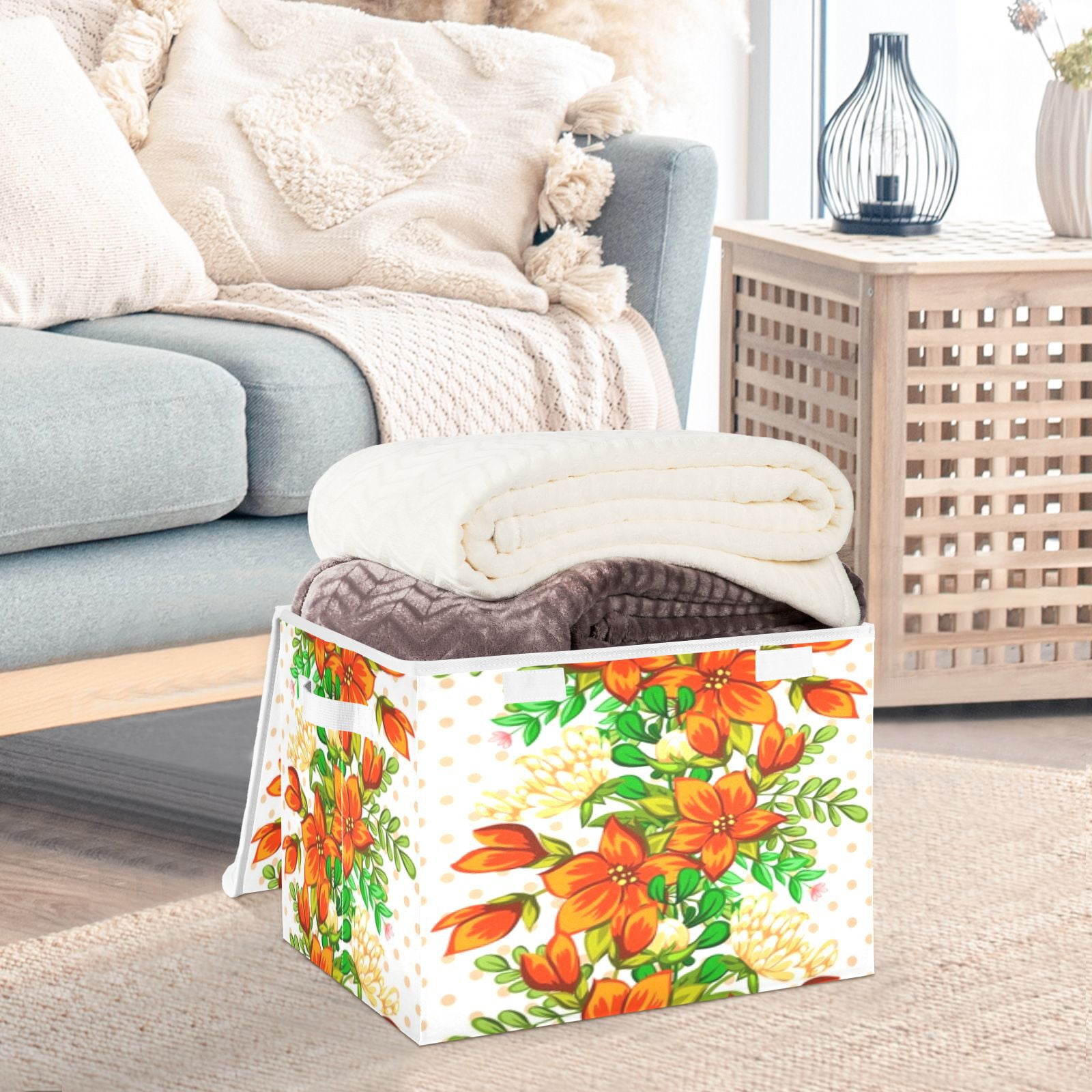 Orange floral seamless pattern Foldable Kids Toy Chest with Flip-Top Lid, Collapsible Fabric Toy Storage Organizer/Bin/Box/Basket/Trunk for Toddler