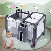 Costway Foldable Travel Baby Playpen Crib Infant Bed Mosquito Net Music w/ Bag Grey