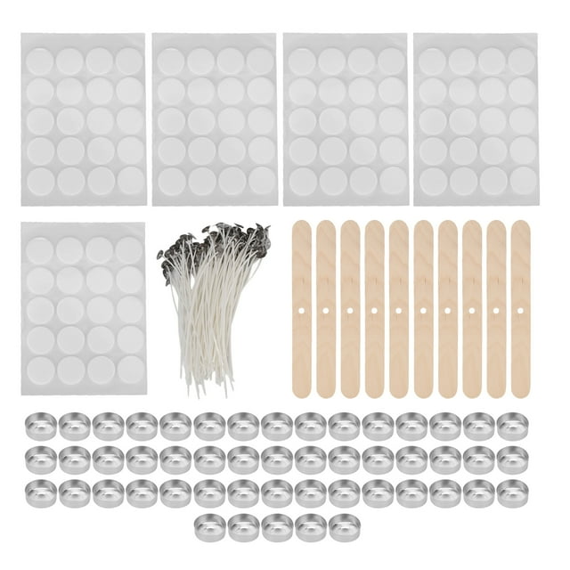 100 mechas de vela de 15 cm, 100 pegatinas de mechas de doble cara, 50 conchas de vela, 10 soportes para mechas de madera (etiqueta inferior blanca de carcasa de aluminio de 14 g)