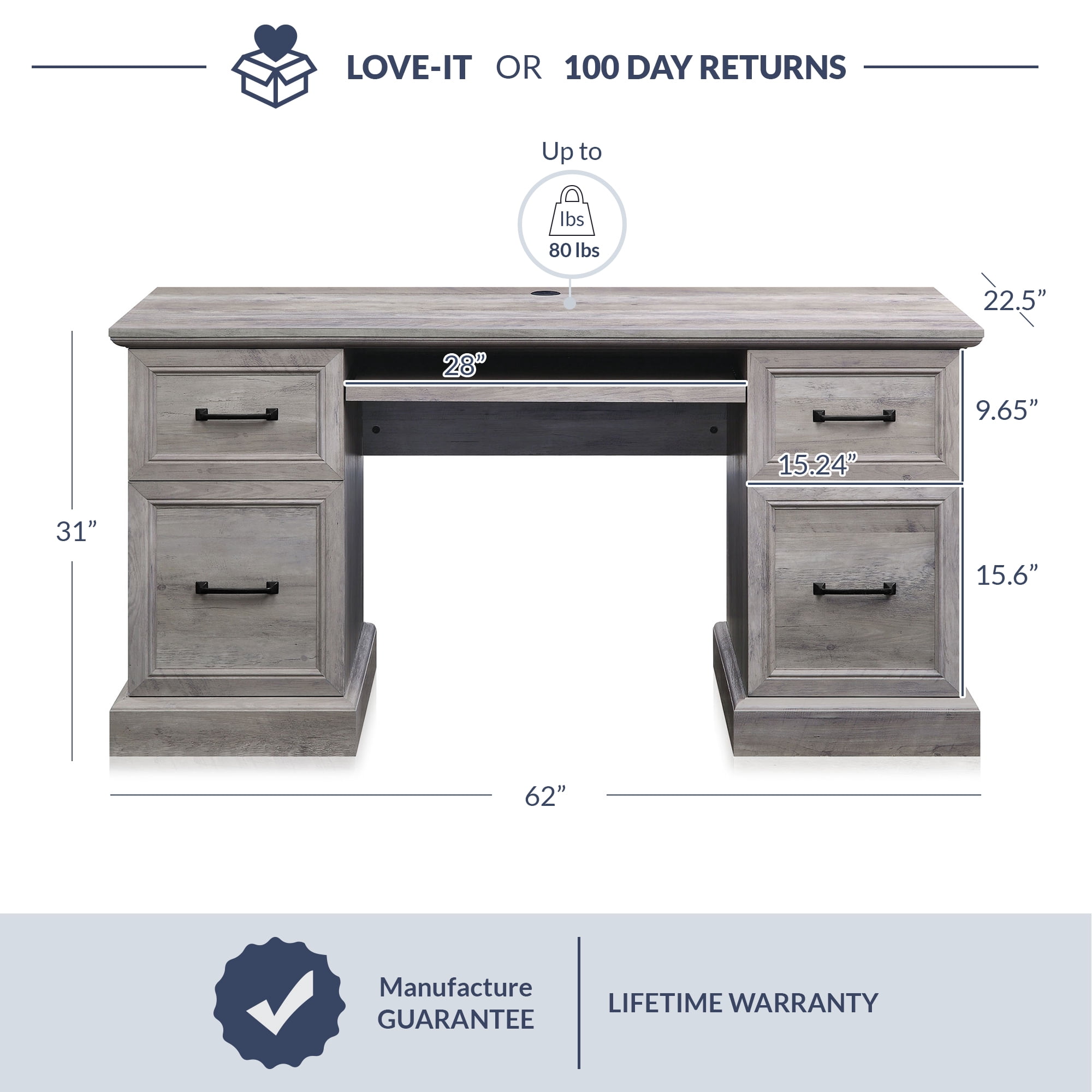 BELLEZE Modern Executive Home Office Computer Desk - Rhudi (Gray Wash)