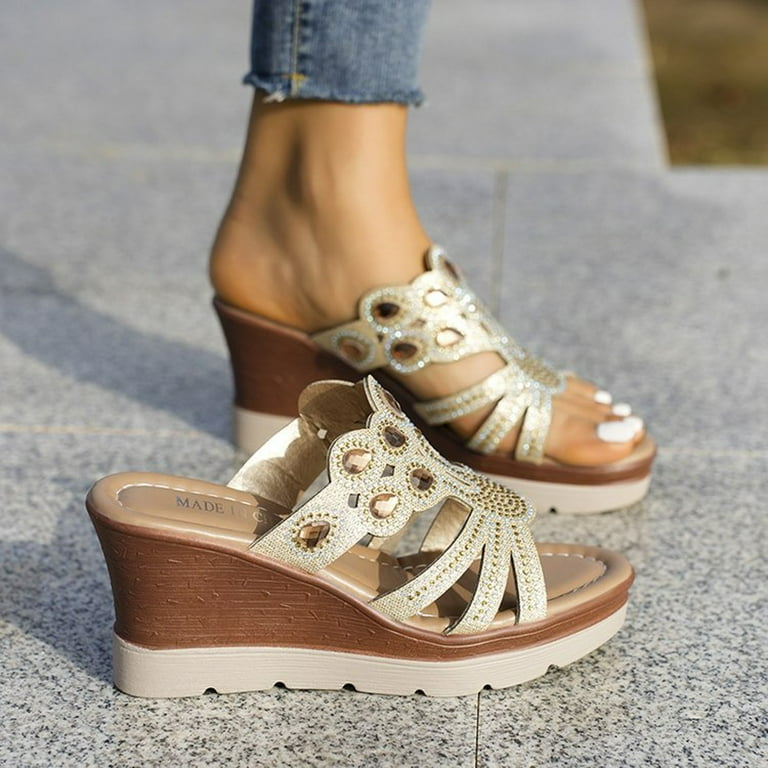 Gold flat wedge sandals best sale