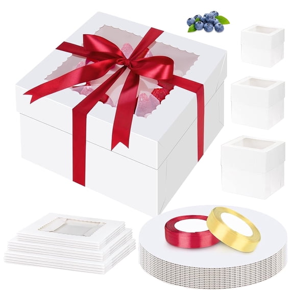Godance 12 Pack Cake Boxes with Cake Boards & Clear Window, 8/10/12 Inch White Square Bakery Gift Boxes | Premium Cardboard Cake Containers for Birthday, Wedding & Party Dessert, White
