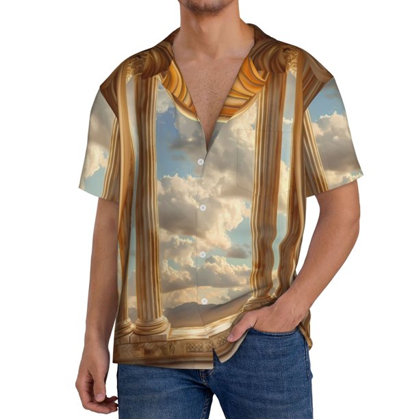 Fotbe Golden Drapes Pillars Clouds Camisa Estampada de Manga Corta para Hombre, Casual de Verano, Estilo Playero, Sin Arrugas-4X-Large