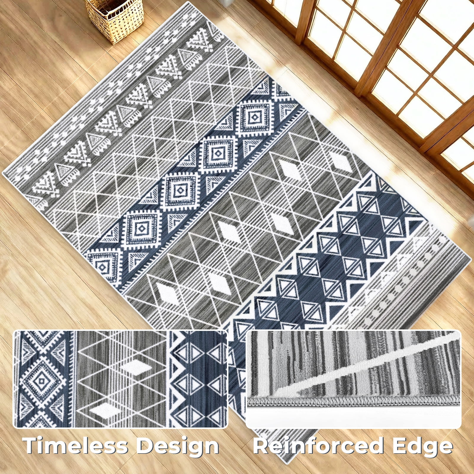 Washable Area Rug for Living Room, 4'x6' Bohemian Aztec Non-Slip indoor Rug, Soft Low Pile & Stain Resistant Polyester Geometric Carpet for Bedroom, Dining Room, Kitchen, Entryway, Nursery