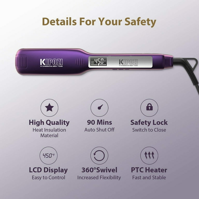 KIPOZI Negative Ion Flat Iron Anti Static Hair Straightener with 1.75 Inch Floating Titanium Wide Plates Purple