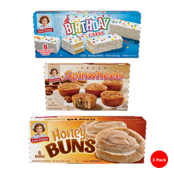 Little Debbie Snack Cake Combo (3 Pack) – Honey Buns - 6 Buns, Pecan Spinwheels - 8 Sweet Rolls, Birthday Cake - 8 Cakes (All Individually Wrapped)
