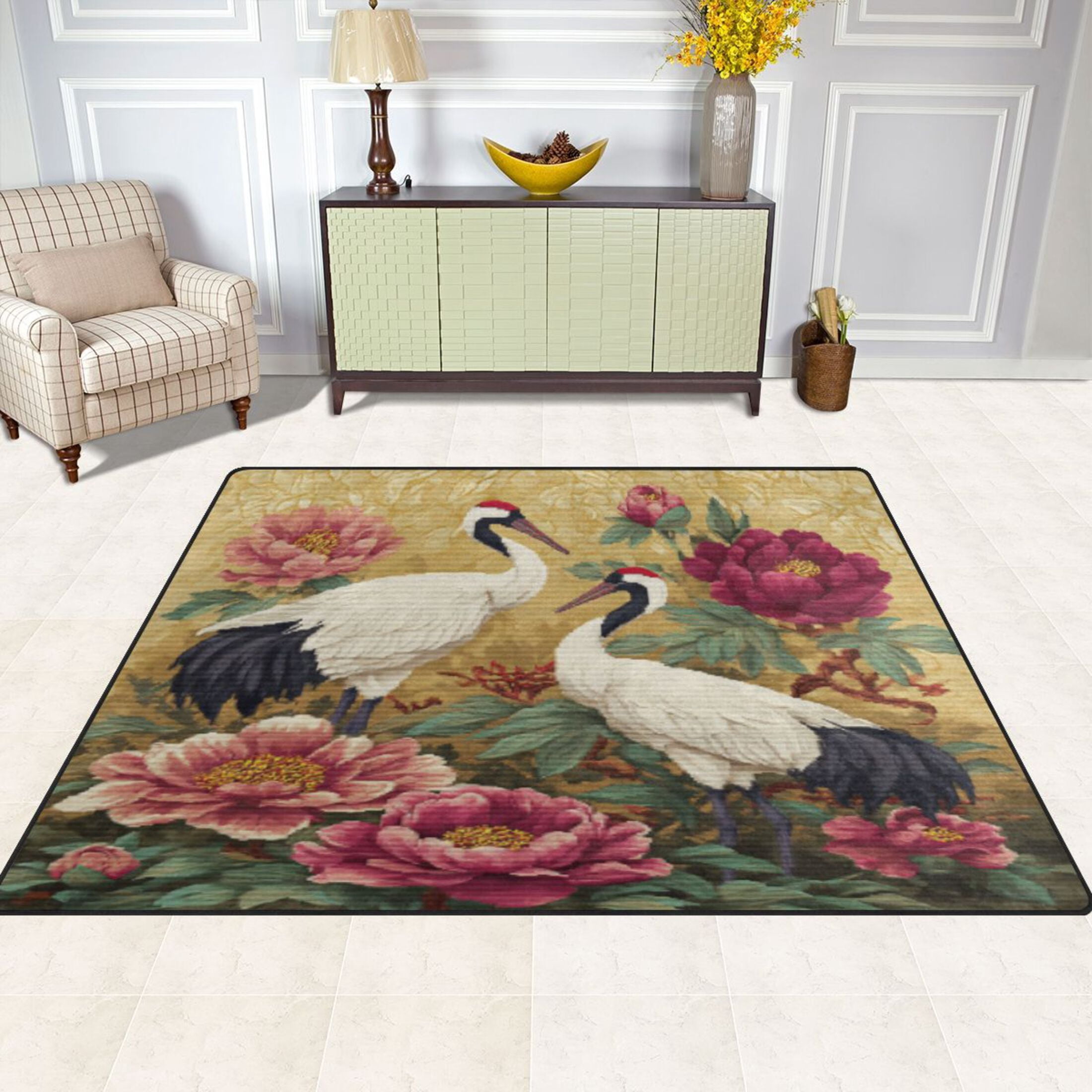 BZSMCE Vintage Area Rugs Elegant Cranes Amid Peony Splendor Creative Area For Home