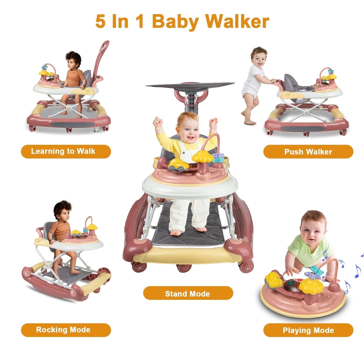 JieC 5-in-1 Baby Walker with Wheels,Infant Toddler Walkers Bouncer for Boys Girls,Pink