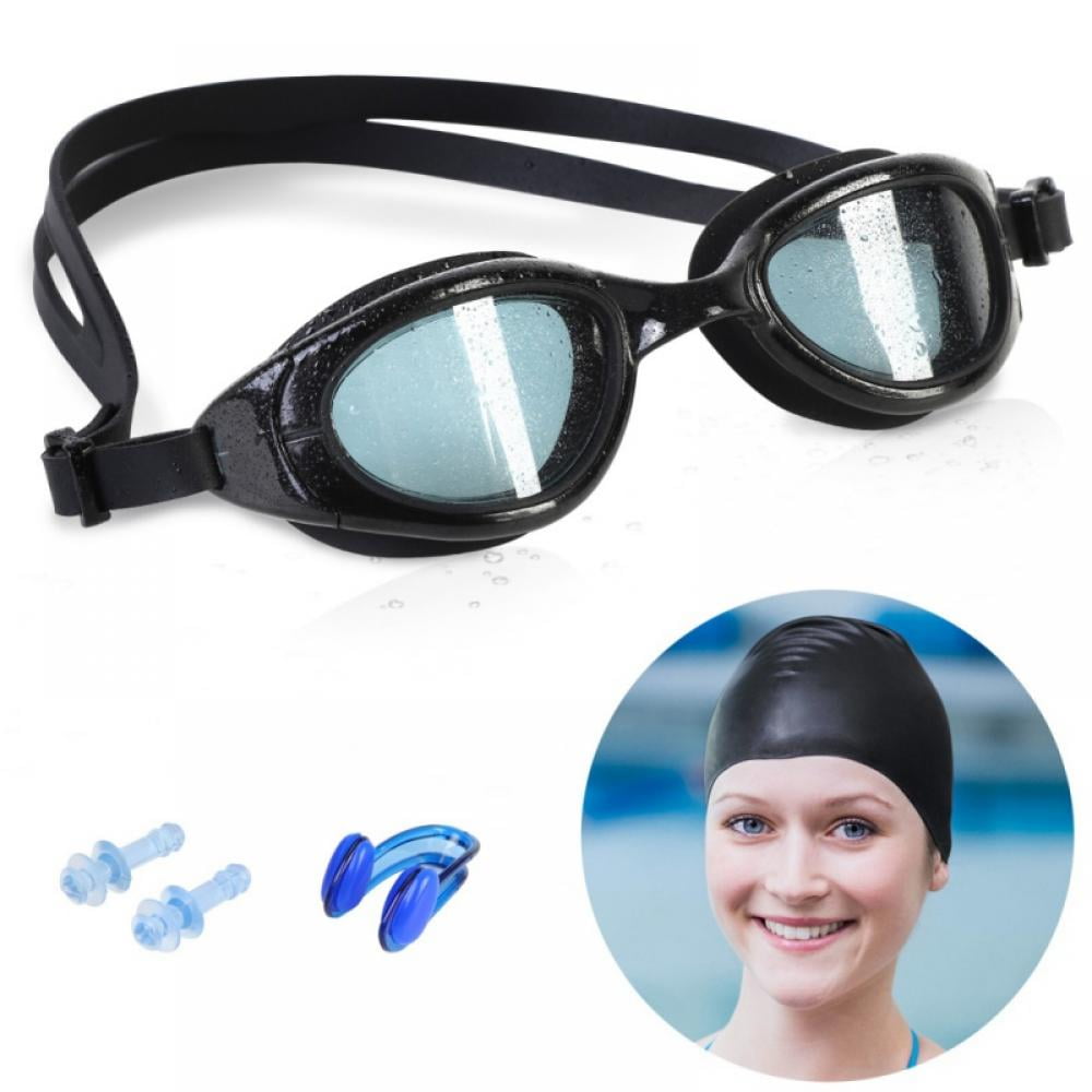 Swimming Goggles Set Professional Anti Fog No Leaking UV Protection Wide View Swim Goggles with Nose Clip, Earplugs and Cap For Women Men Adult Youth Kids