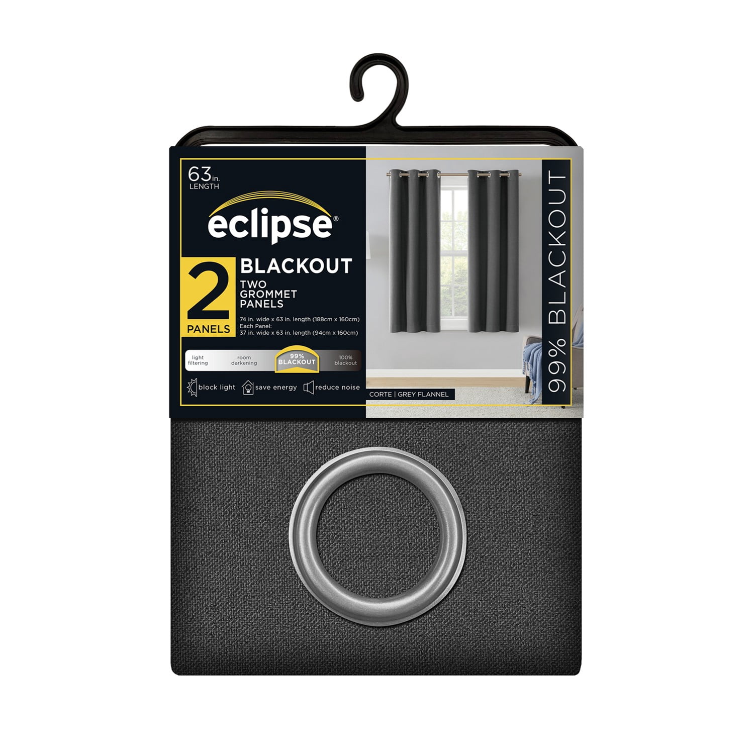 (2 pack) Eclipse Corte Solid Blackout Curtains, Set of 2, 63 Inch Long Blackout Curtains, 37" W x 63" L, Grey