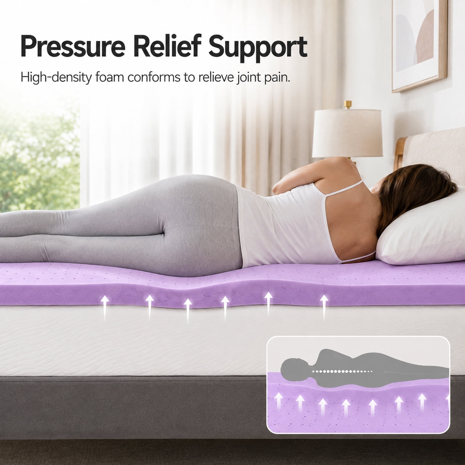 Alvantor 4 Inch Cooling Gel Memory Foam Mattress Topper Pressure Relief Pad, Ventilated Design Bed Topper, Purple