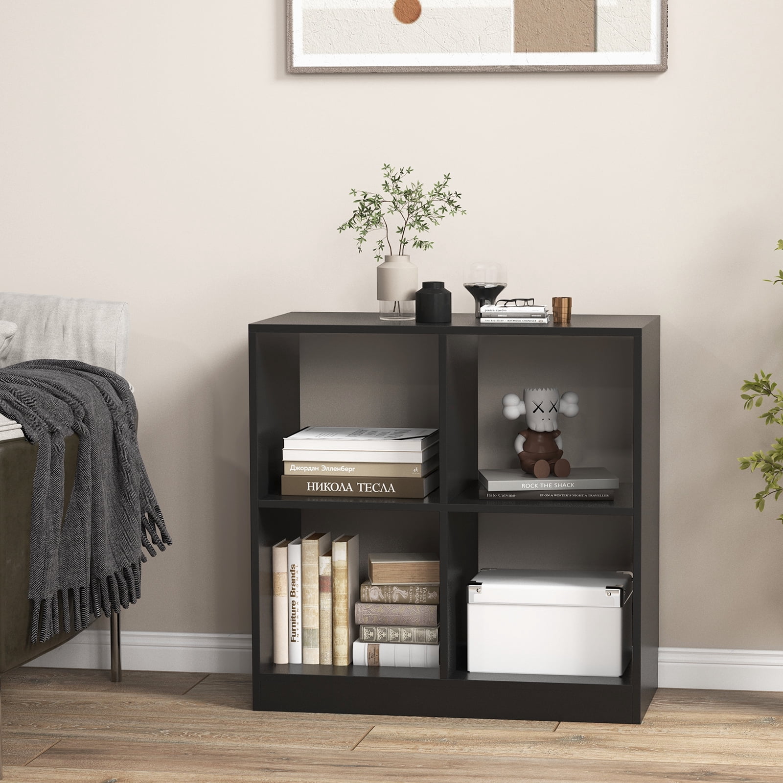 Giantex 4-Cube Bookcase, Freestanding Open Bookshelf, Storage Wooden Display Shelf, Black