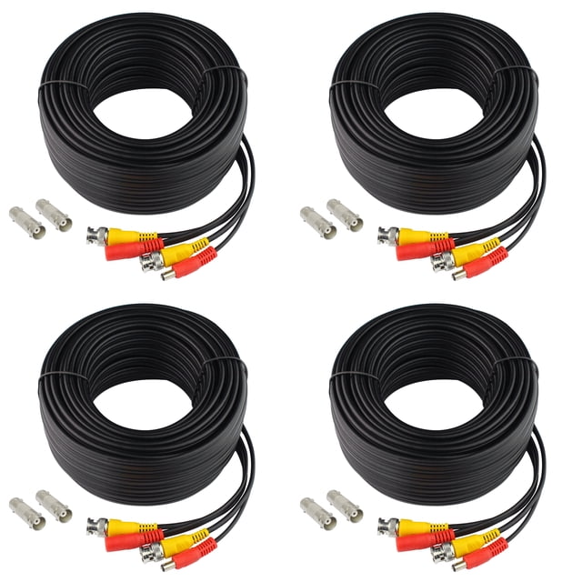 Paquete de 4 Cámara de seguridad CCTV Cable BNC Siamese Pre-Hecho 2-en-1 Video y potencia PVC Negro 100 pies SatelliteSale