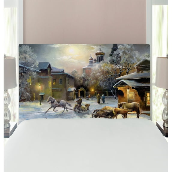 Country Headboard, Winter Landscape of a Western Town at Night in New World Rurals in Retro Style Art, Upholstered Decorative Metal Bed Headboard with Memory Foam, Twin Size, Multicolor, by Ambesonne