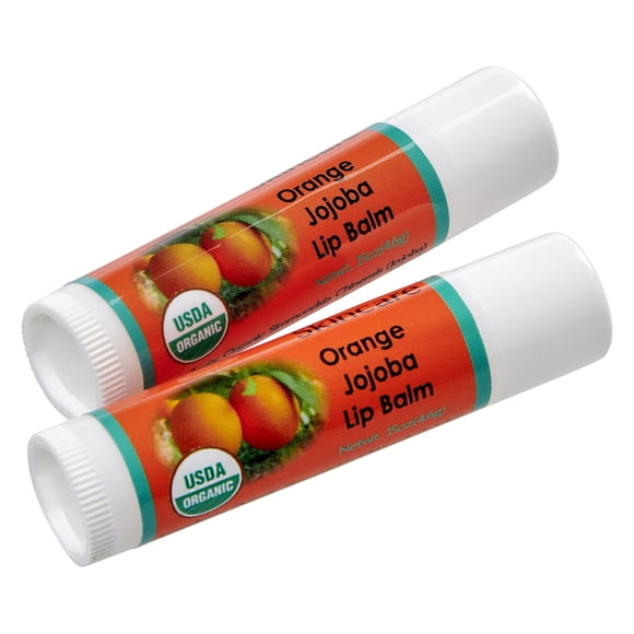 Bálsamo labial de naranja orgánico USDA, paquete de 2: más del 70 % de aceite de jojoba orgánico puro, cera de abejas orgánica, aroma cítrico, alivia y suaviza los labios secos, agrietados y sensibles
