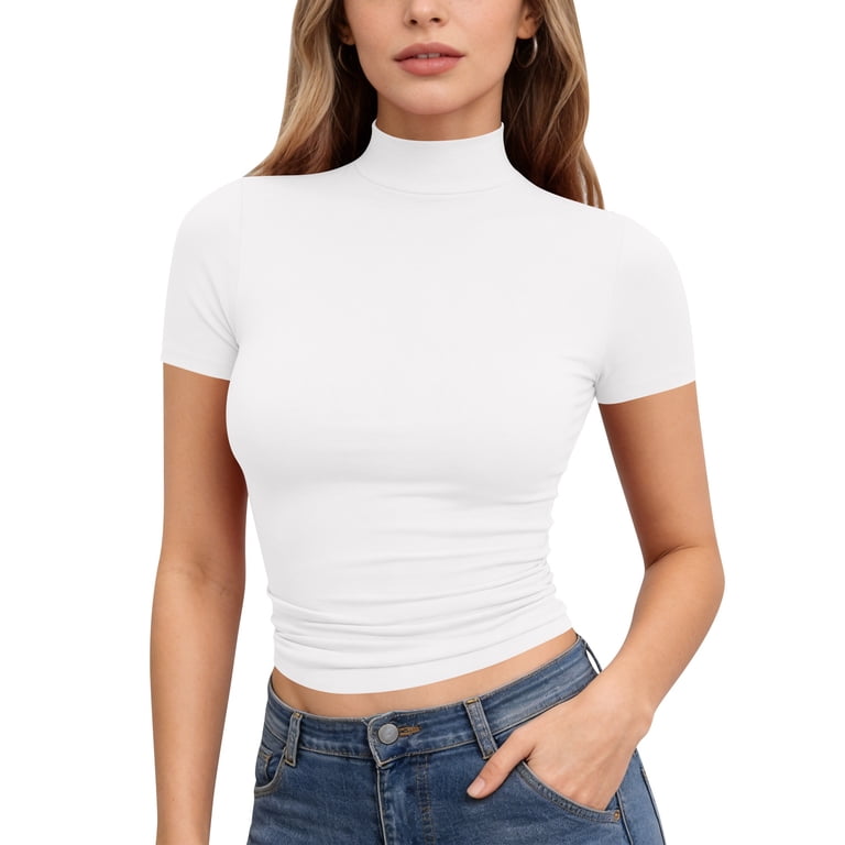 Lumtrix Women'S Mock Neck Shirts Short Sleeve Turtleneck Crop Tops