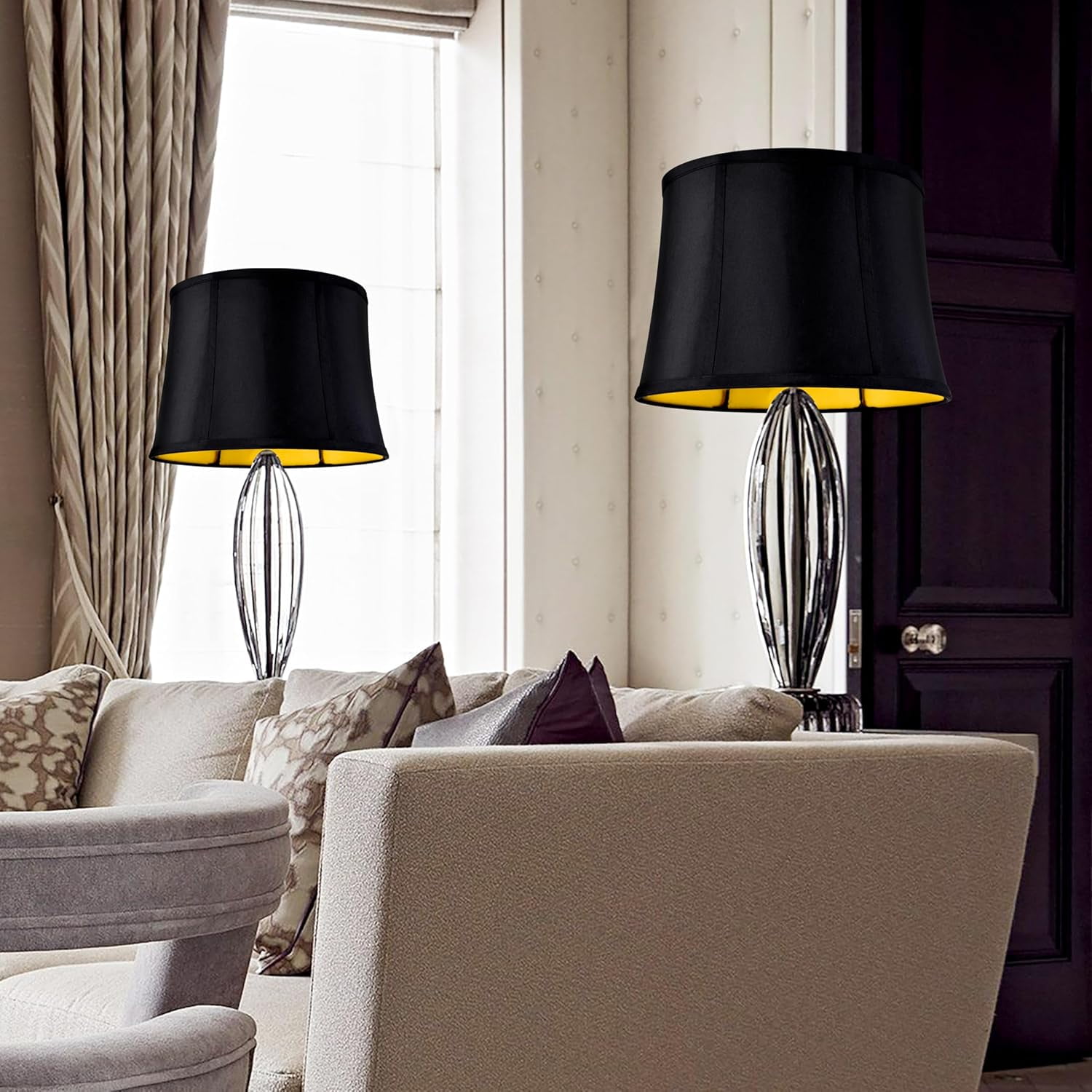 GOSO Black Lamp Shades Set of 2 Large Drum Lampshades -12x14x10 inch (Spider) Foldable Lamp Shade for Floor Lamps Table Lamp Natural Faux Silk Lampshade Replacement Rustic Shade-Easy Assembly