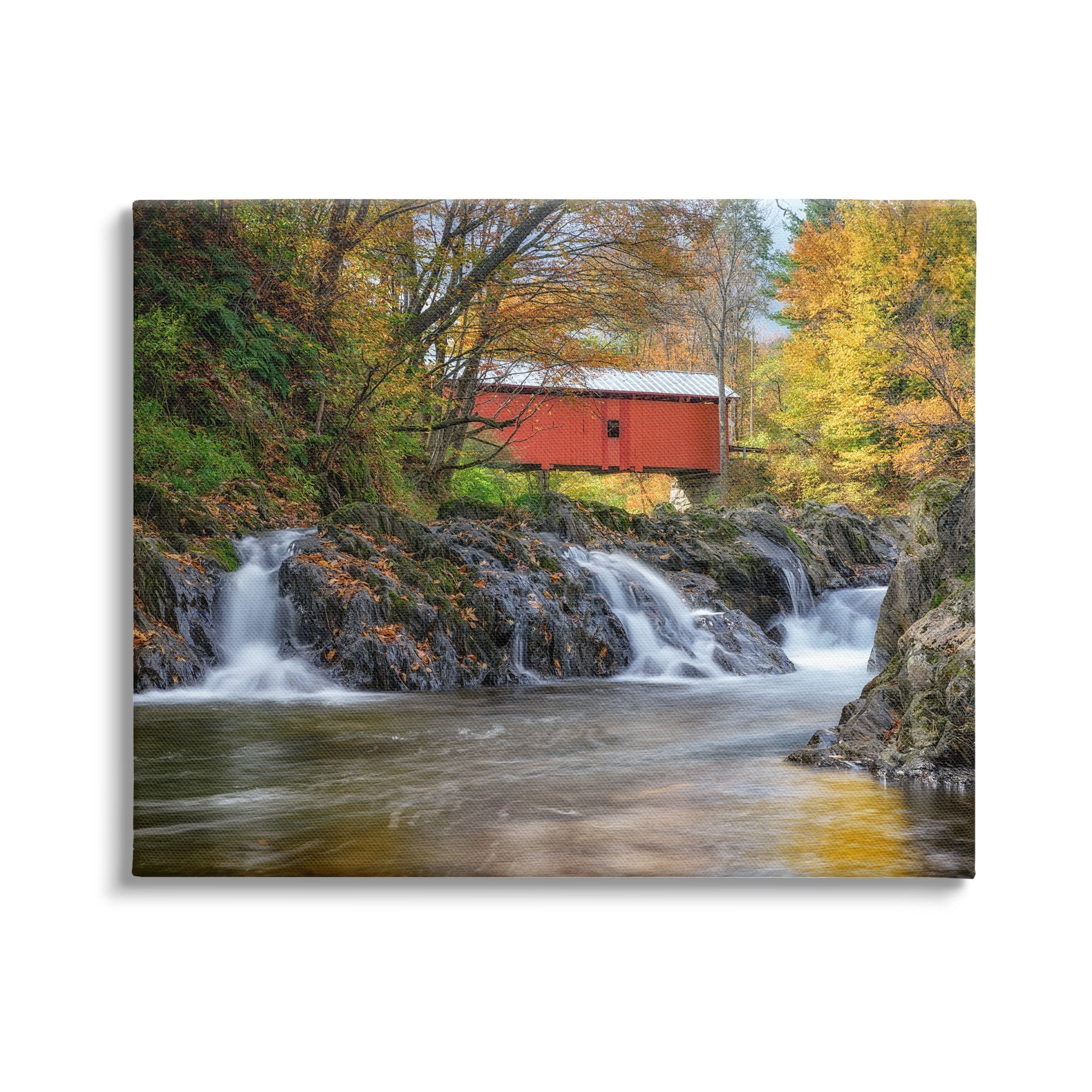 Stupell Bridge Waterfalls Flowing River Foliage Landscape Photography Gallery Wrapped Canvas Print Wall Art