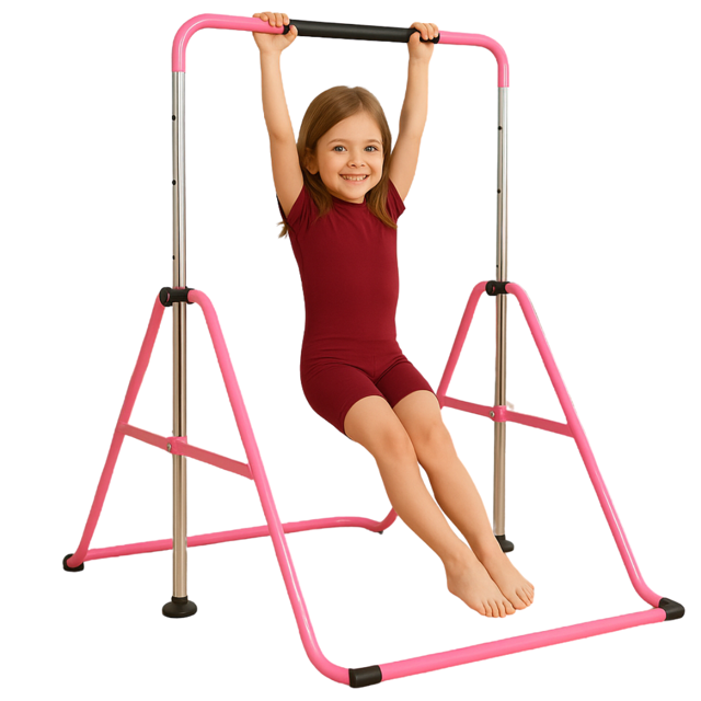 ToyKraft Adjustable Gymnastics Bar Kids – Foldable Horizontal Kip Bar for Home Gymnastics Training, Expandable & Height Adjustable Gymnastic Bar for Children, Pink