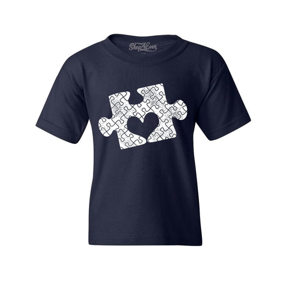 Shop4Ever Kids Puzzle Heart Autism Awareness Graphic Child's Youth T-Shirt X-Large Navy Blue