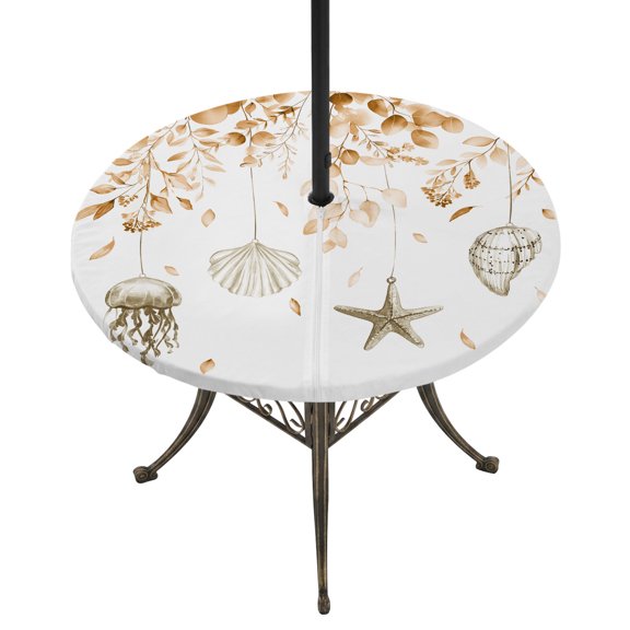 Orange Eucalyptus Coastal Round Outdoor Tablecloth with Umbrella Hole Zipper, Beach Starfish Conch Elastic Fitted Table Cover, Waterproof Table Cloth for Patio Picnic Party Fits 31"-35"