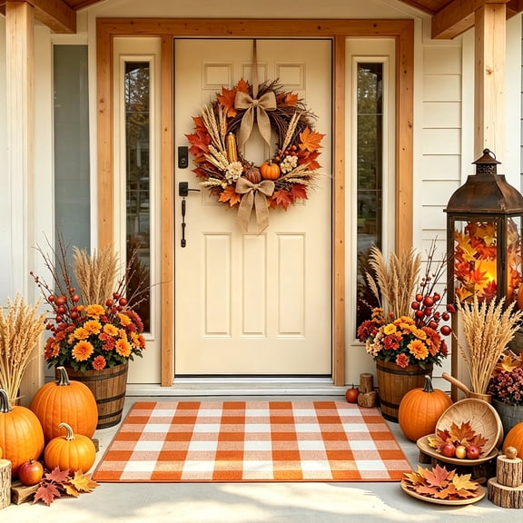 euoloart Cotton Buffalo Plaid Rug, 27.6"x43.2" Orange White Washable Doormat for Outdoor Patio Porch