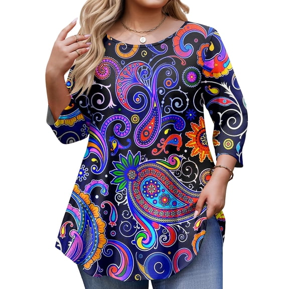 TQWQT Women's Floral Plus Size Tunic Top 3/4 Sleeve High-Low Hem Blouse Value-Packed Soft Stretchy for Layering Casual Wear 3XL