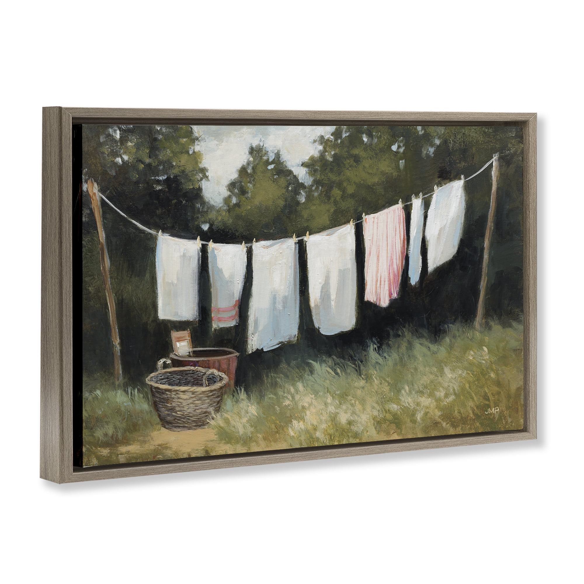 Stupell Industries Laundry Out To Dry Bath & Laundry Painting Brown Floater Framed Canvas Art Print Wall Art, 31 x 21