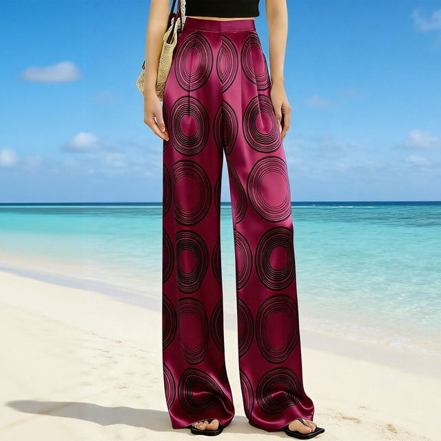 TaTaai Women's Casual Printed Trousers Stretch Satin Fabric Solid Color Pants with Pattern Elastic Waist Lightweight Comfy Spring Summer Daily Beach Wear Gift