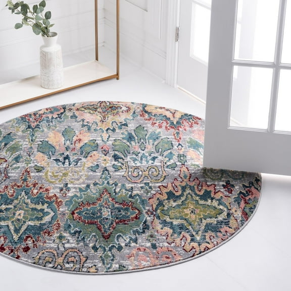 Rugs Charleston Collection Vintage Distressed Blue Multi Area Rug, 5 Ft Round, Soft Underfoot