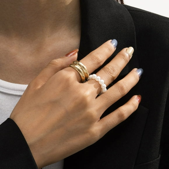 Hot6sl Pearl Set Personality Geometric Alloy Double-layer Finger Jewelry