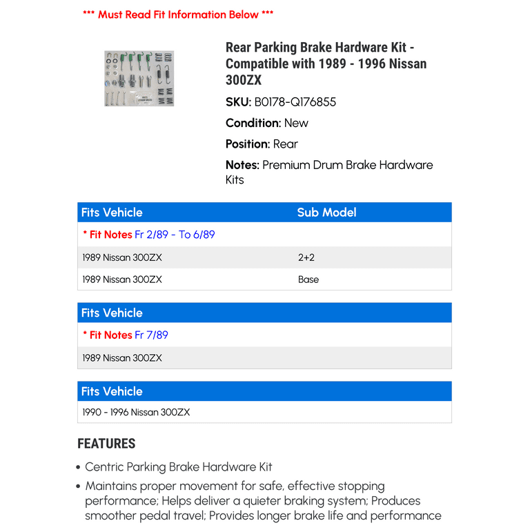 Rear Parking Brake Hardware Kit - Compatible with 1989
