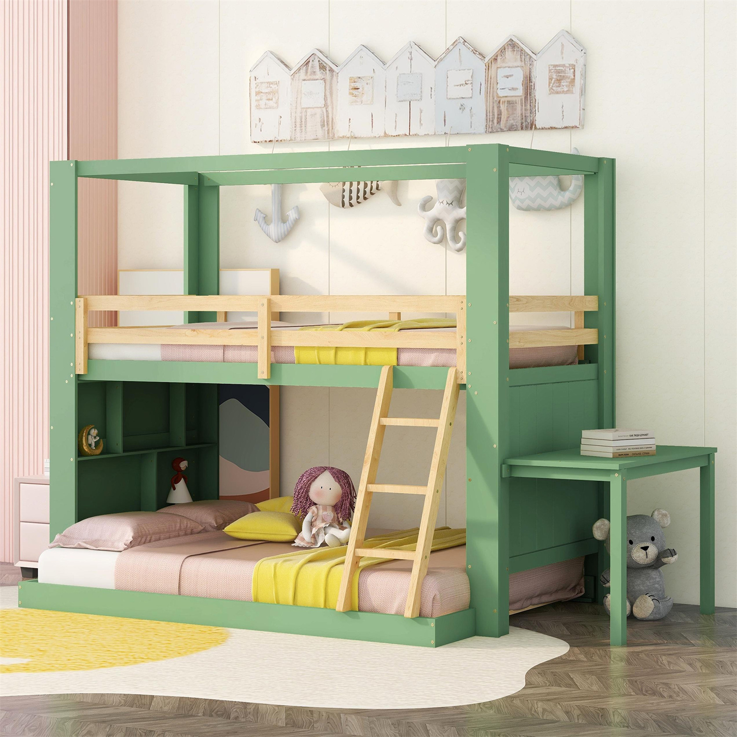 Twin Over Full Bunk Bed with Desk and Storage Shelves, Reinforced
